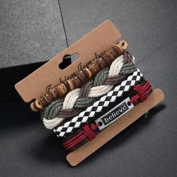 Handmade Set of 4 Multilayer Braided Leather Adjustable Rope Wood Beads Bracelet - Picture 4 of 6